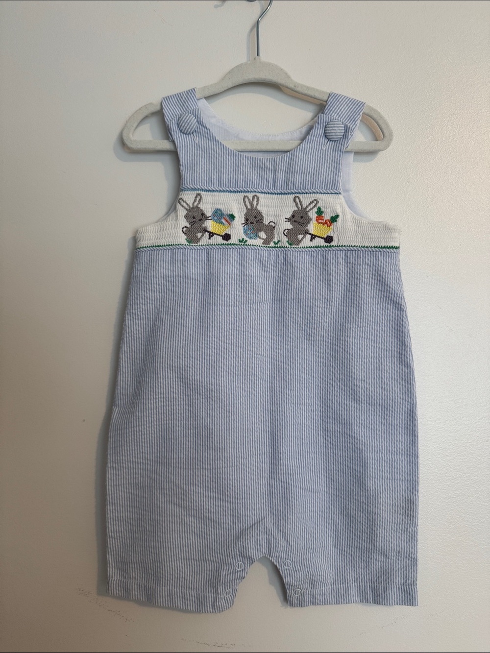 Mudpie Blue Smocked Striped Baby Romper with Bunny Embroidered Panel